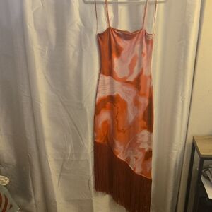 Vibrant Asymmetrical Red, Pink and White Dress with Fringe